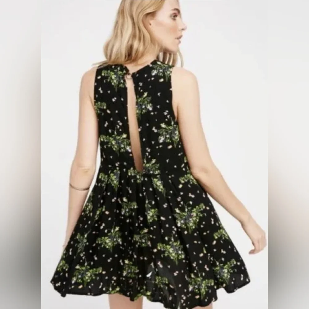 Free People black pink green floral tunic minidress size small